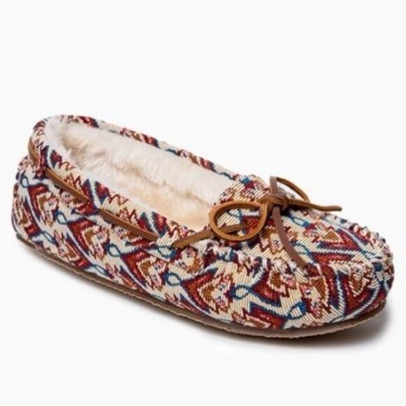 Minnetonka Moccasin Slippers Minookamii Cally Tribal Jacquard Faux Fur Size 6 - Picture 1 of 9